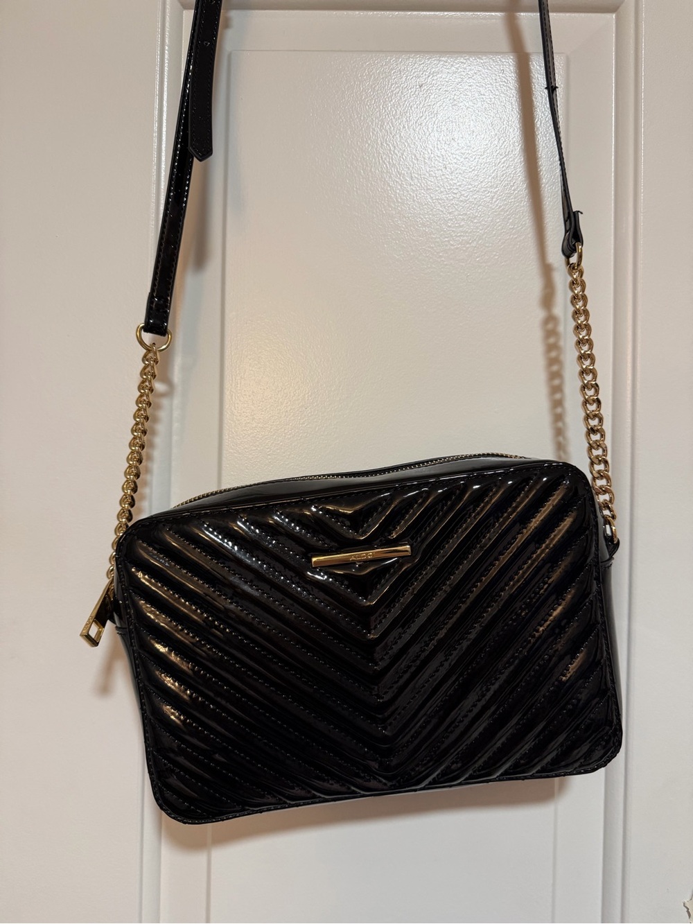 Aldo Andressera Bag Black Quilted Patent Crossbody with Gold Chain Accent